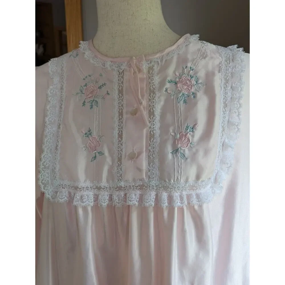 Vintage Vanity Fair Midi Nightgown Size Medium Pink Satin Lace Floral Embroidery